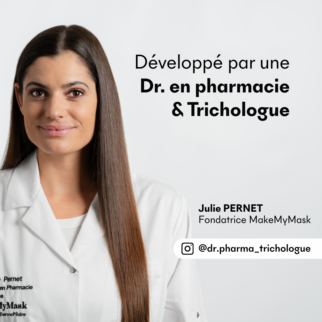 Julie Pernet, Dr en pharmacie et trichologue certifiée a développé la marque MakeMyMask, experte dans le cuir chevelu
