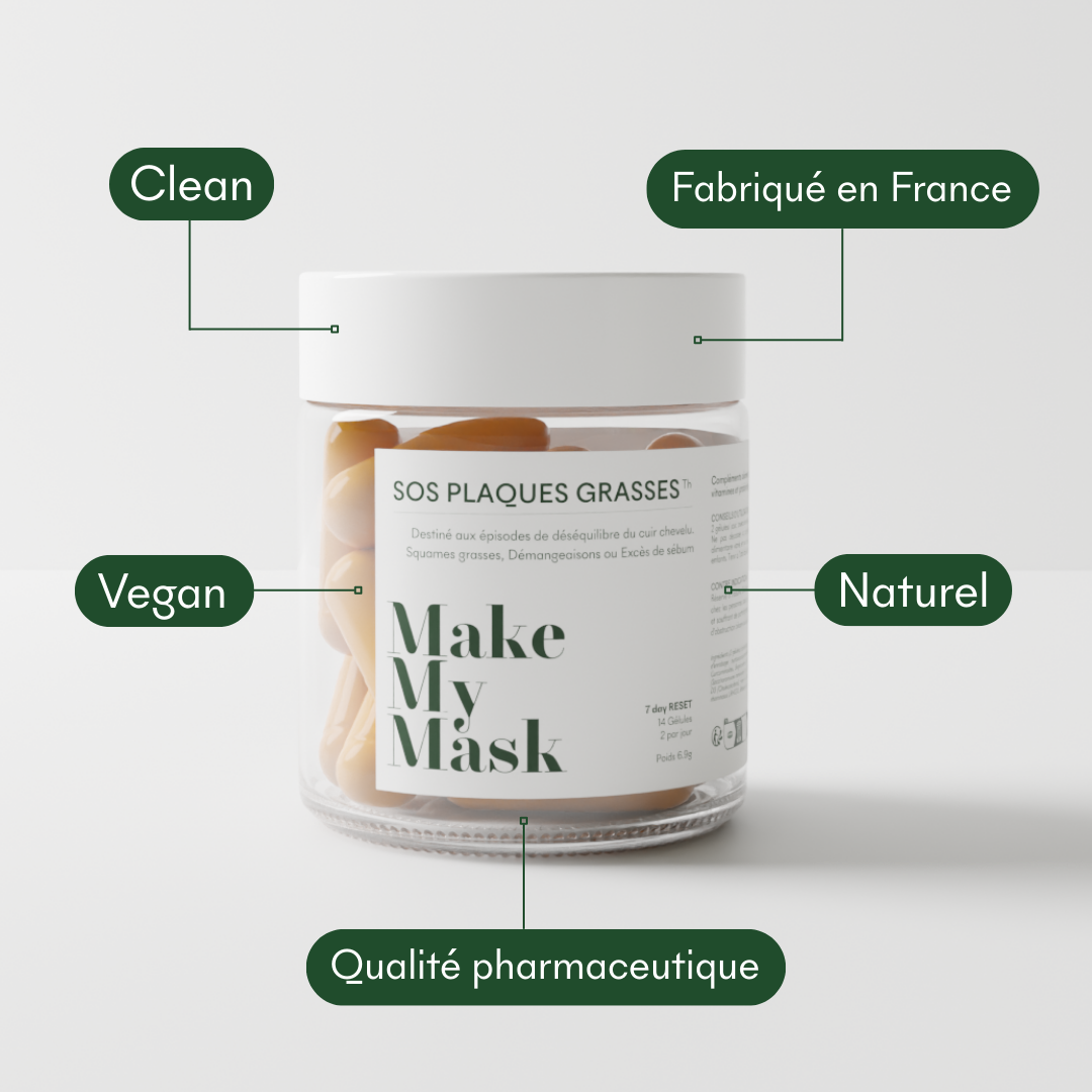 Le complément SOS squames grasses de MakeMyMask est clean, vegan, naturel, fabriqué en France et de qualité pharmaceutique