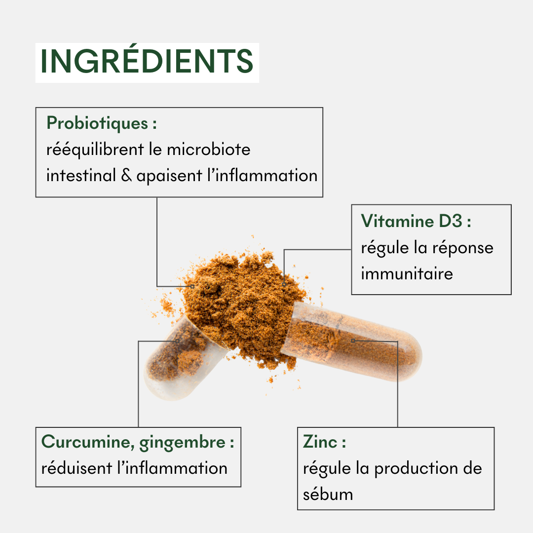 Le Complément SOS Squames Grasses de MakeMyMask est composé de probiotiques, vitamine D3, curcuma, gingembre et zinc pour lutter contre les pellicules grasses et la dermatite séborrhéique